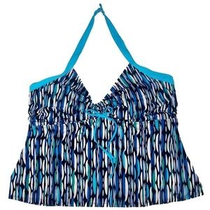 Tropical Escape Halter Top Tankini Black, Blue and White Stripes Plus Size 20